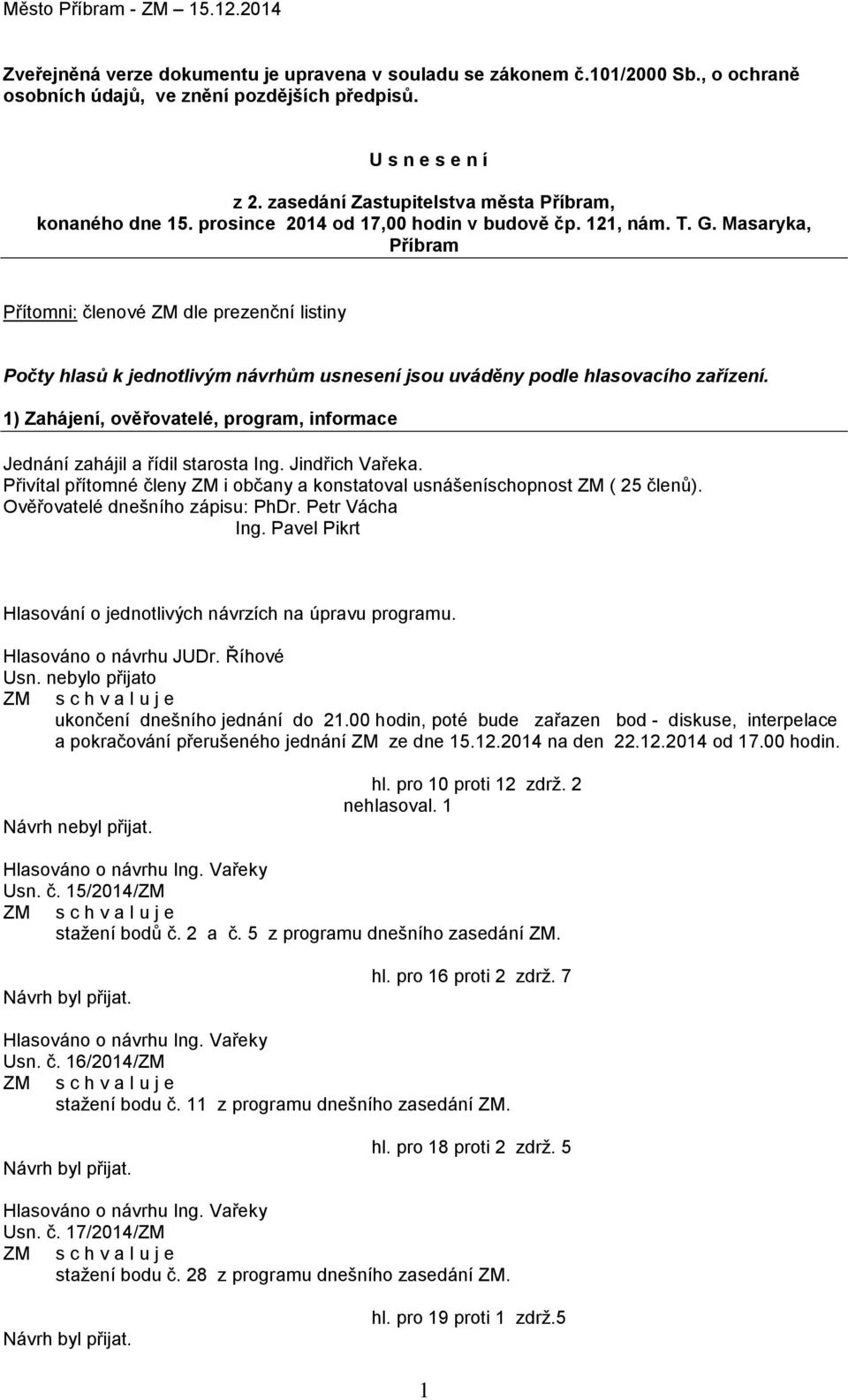 Masaryka, Příbram Přítomni: členové ZM dle prezenční listiny Počty hlasů k jednotlivým návrhům usnesení jsou uváděny podle hlasovacího zařízení.