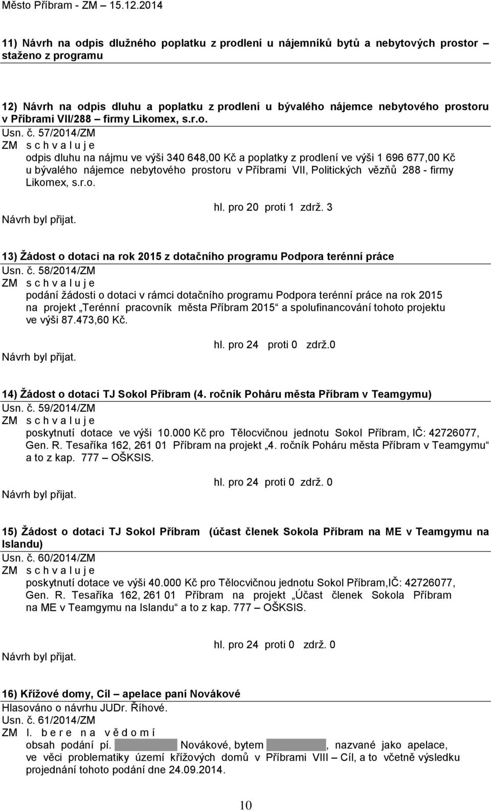 57/2014/ZM odpis dluhu na nájmu ve výši 340 648,00 Kč a poplatky z prodlení ve výši 1 696 677,00 Kč u bývalého nájemce nebytového prostoru v Příbrami VII, Politických vězňů 288 - firmy Likomex, s.r.o. hl.