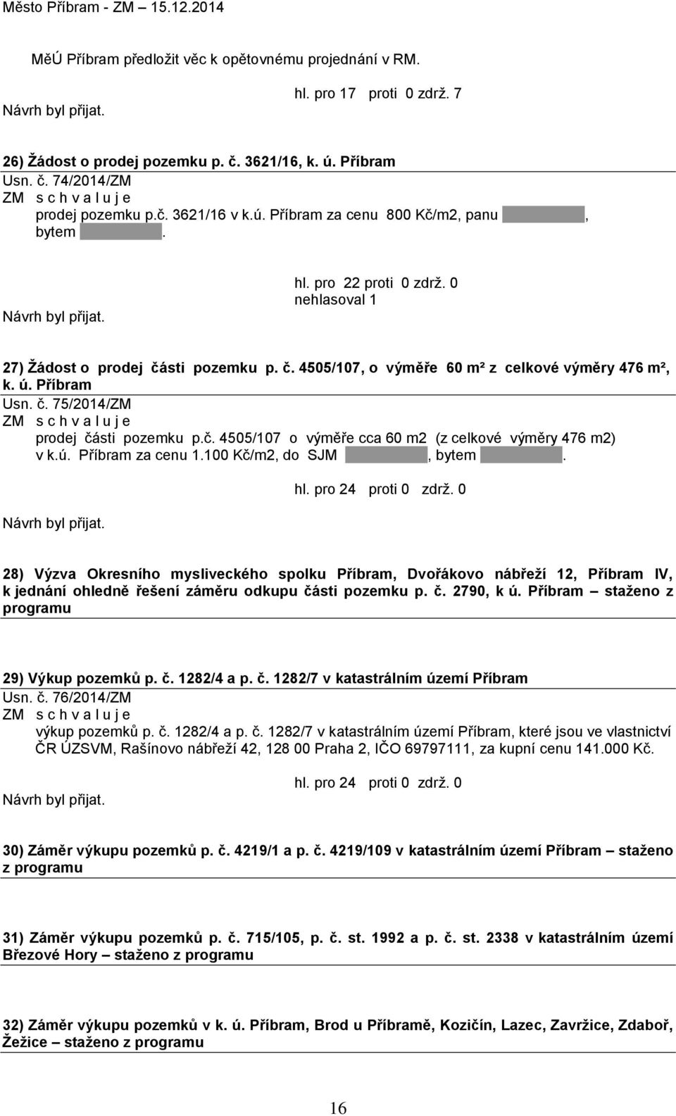 ú. Příbram za cenu 1.100 Kč/m2, do SJM, bytem. 28) Výzva Okresního mysliveckého spolku Příbram, Dvořákovo nábřeží 12, Příbram IV, k jednání ohledně řešení záměru odkupu části pozemku p. č. 2790, k ú.