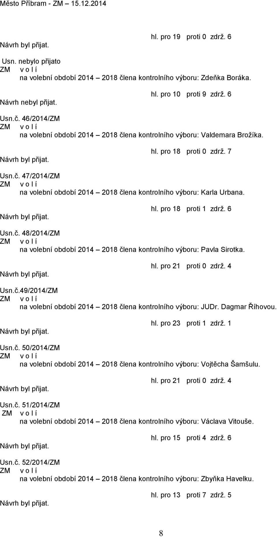 hl. pro 21 proti 0 zdrž. 4 Usn.č.49/2014/ZM na volební období 2014 2018 člena kontrolního výboru: JUDr. Dagmar Říhovou. hl. pro 23 proti 1 zdrž. 1 Usn.č. 50/2014/ZM na volební období 2014 2018 člena kontrolního výboru: Vojtěcha Šamšulu.