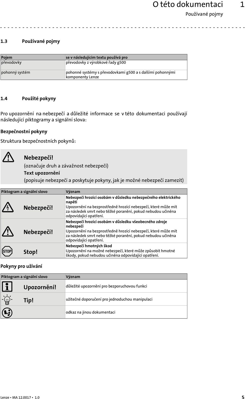 4 Použité pokyny Pro upozornění na nebezpečí a důležité informace se v této dokumentaci používají následující piktogramy a signální slova: Bezpečnostní pokyny Struktura bezpečnostních pokynů: