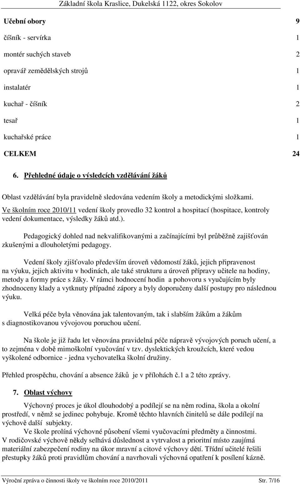 Ve školním roce 2010/11 vedení školy provedlo 32 kontrol a hospitací (hospitace, kontroly vedení dokumentace, výsledky žáků atd.).