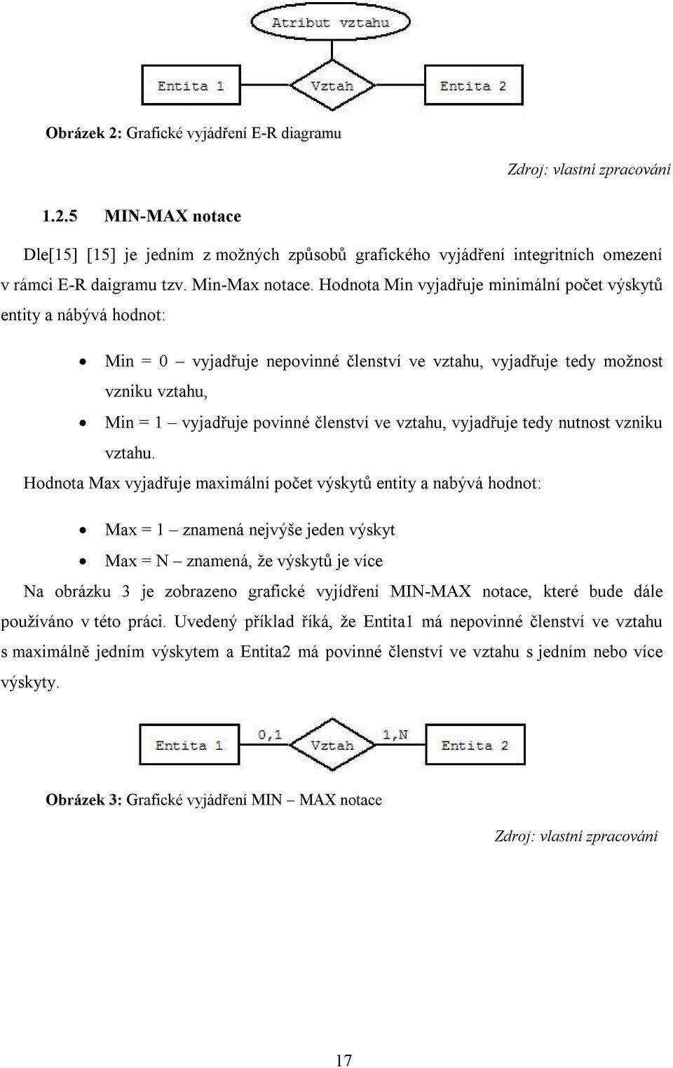 Hodnota Min vyjadřuje minimální počet výskytů entity a nábývá hodnot: Min = 0 vyjadřuje nepovinné členství ve vztahu, vyjadřuje tedy možnost vzniku vztahu, Min = 1 vyjadřuje povinné členství ve