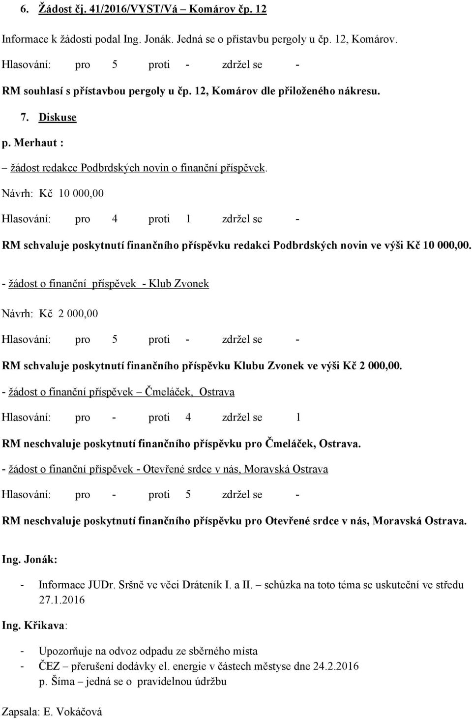 Návrh: Kč 10 000,00 Hlasování: pro 4 proti 1 zdržel se - RM schvaluje poskytnutí finančního příspěvku redakci Podbrdských novin ve výši Kč 10 000,00.