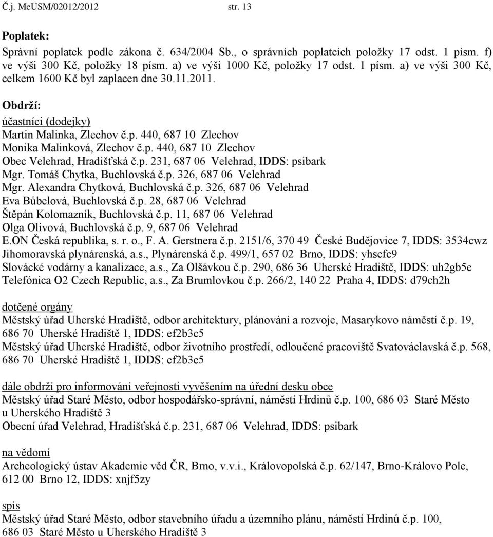 p. 440, 687 10 Zlechov Obec Velehrad, Hradišťská č.p. 231, 687 06 Velehrad, IDDS: psibark Mgr. Tomáš Chytka, Buchlovská č.p. 326, 687 06 Velehrad Mgr. Alexandra Chytková, Buchlovská č.p. 326, 687 06 Velehrad Eva Bůbelová, Buchlovská č.