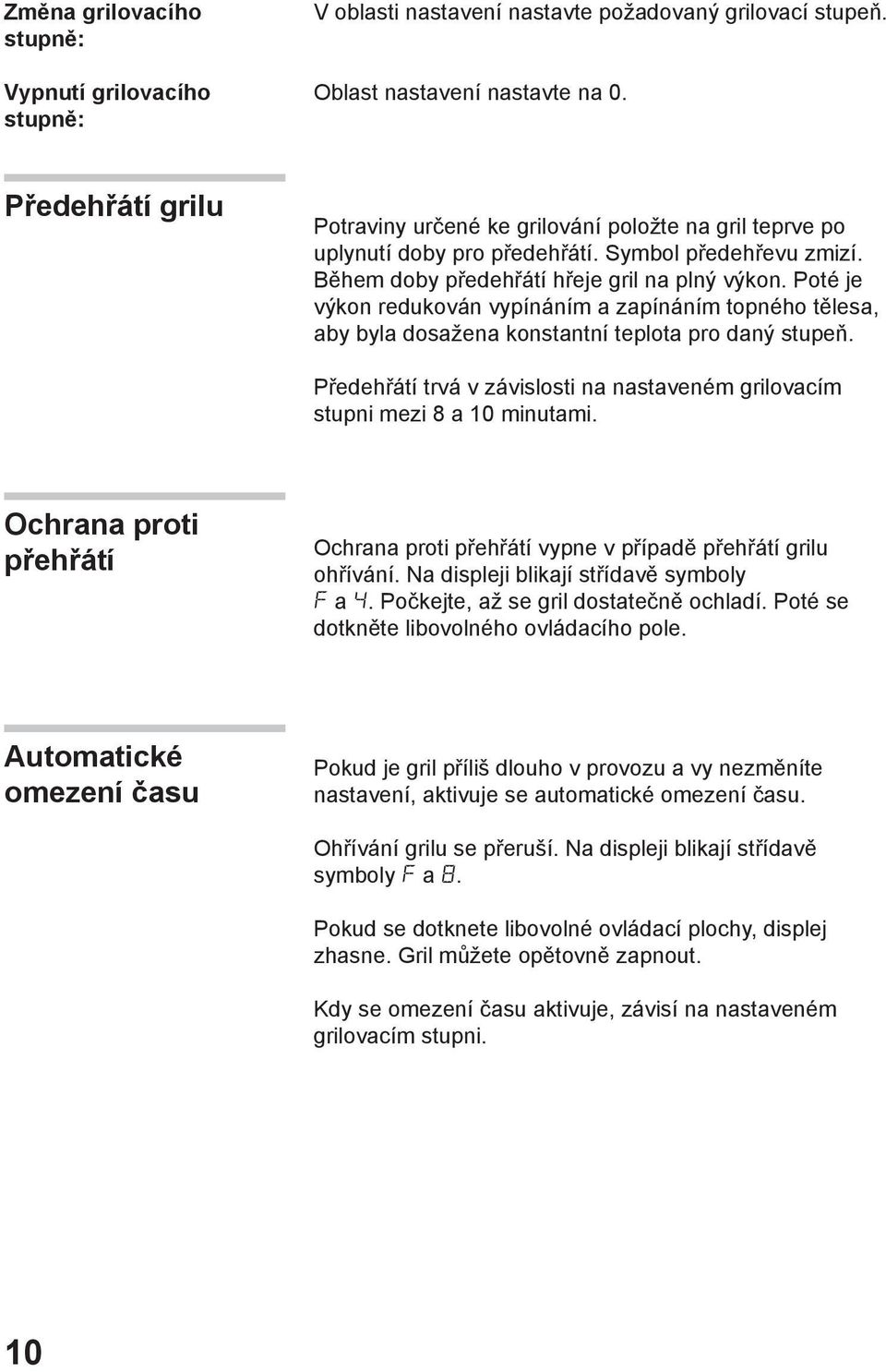 Poté je výkon redukován vypínáním a zapínáním topného tělesa, aby byla dosažena konstantní teplota pro daný stupeň. Předehřátí trvá v závislosti na nastaveném grilovacím stupni mezi 8 a 10 minutami.