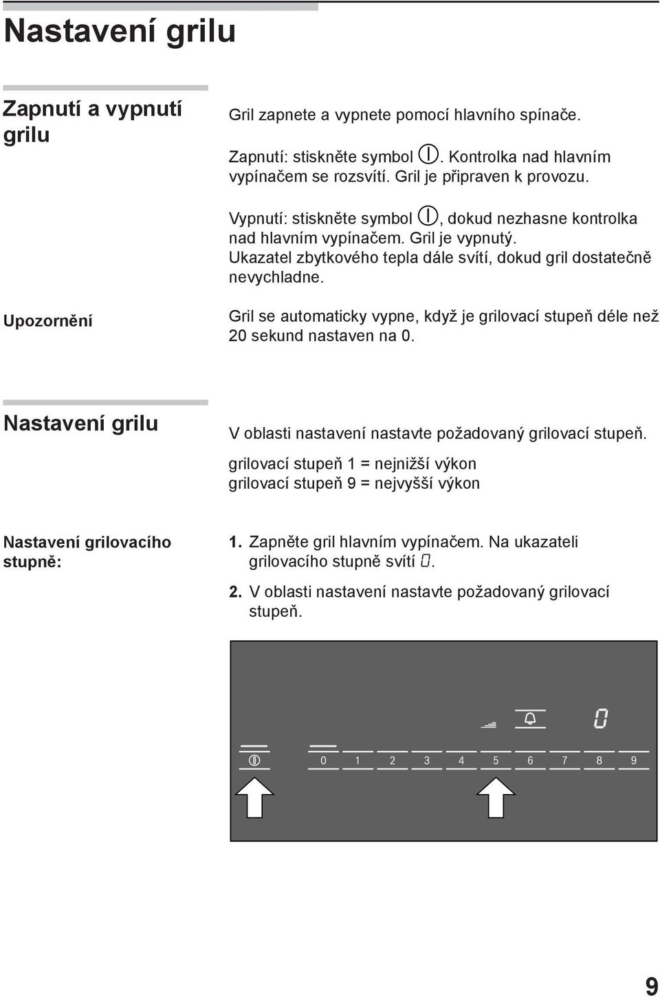 Upozornění Gril se automaticky vypne, když je grilovací stupeň déle než 20 sekund nastaven na 0. Nastavení grilu V oblasti nastavení nastavte požadovaný grilovací stupeň.