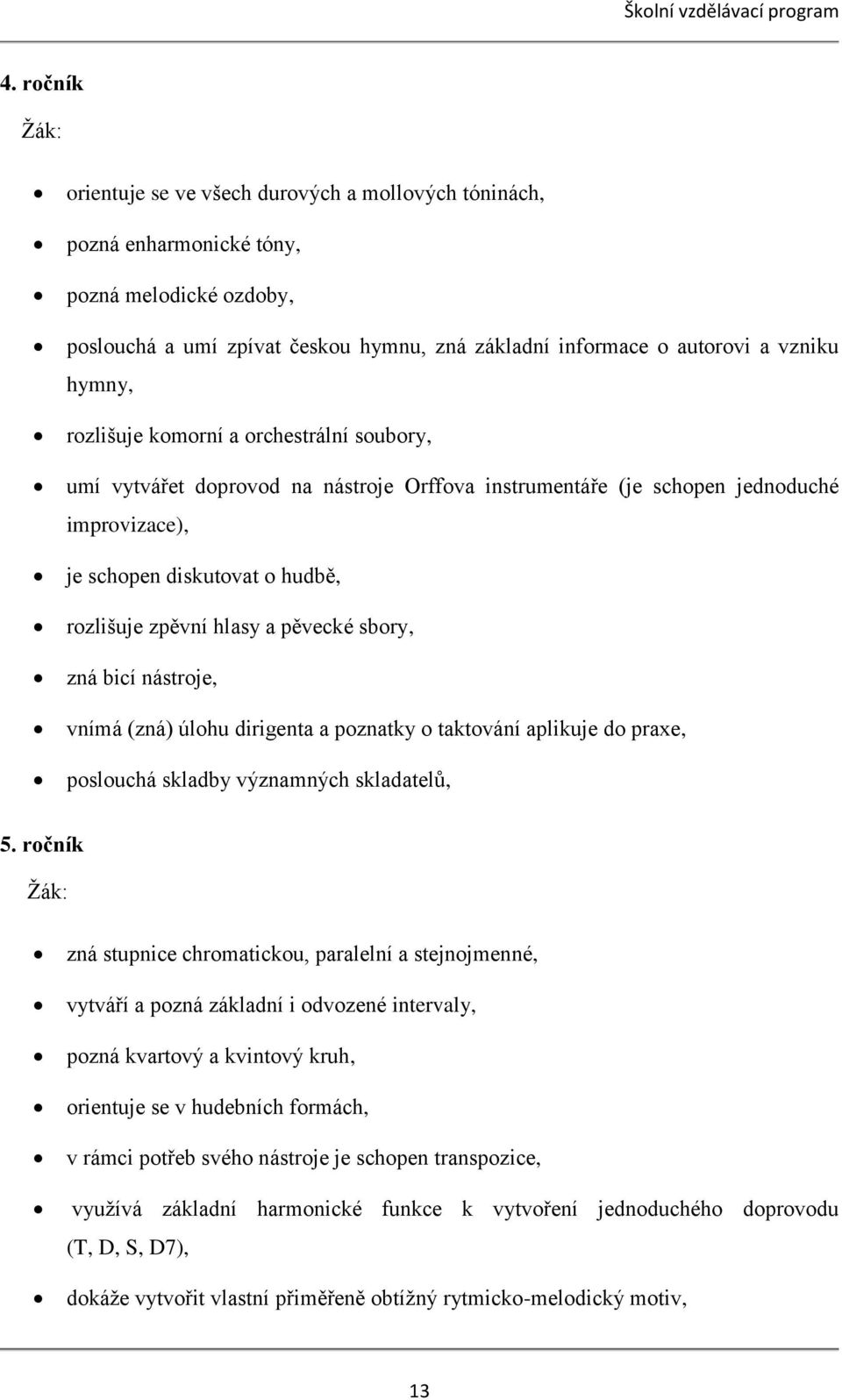 rozlišuje komorní a orchestrální soubory, umí vytvářet doprovod na nástroje Orffova instrumentáře (je schopen jednoduché improvizace), je schopen diskutovat o hudbě, rozlišuje zpěvní hlasy a pěvecké