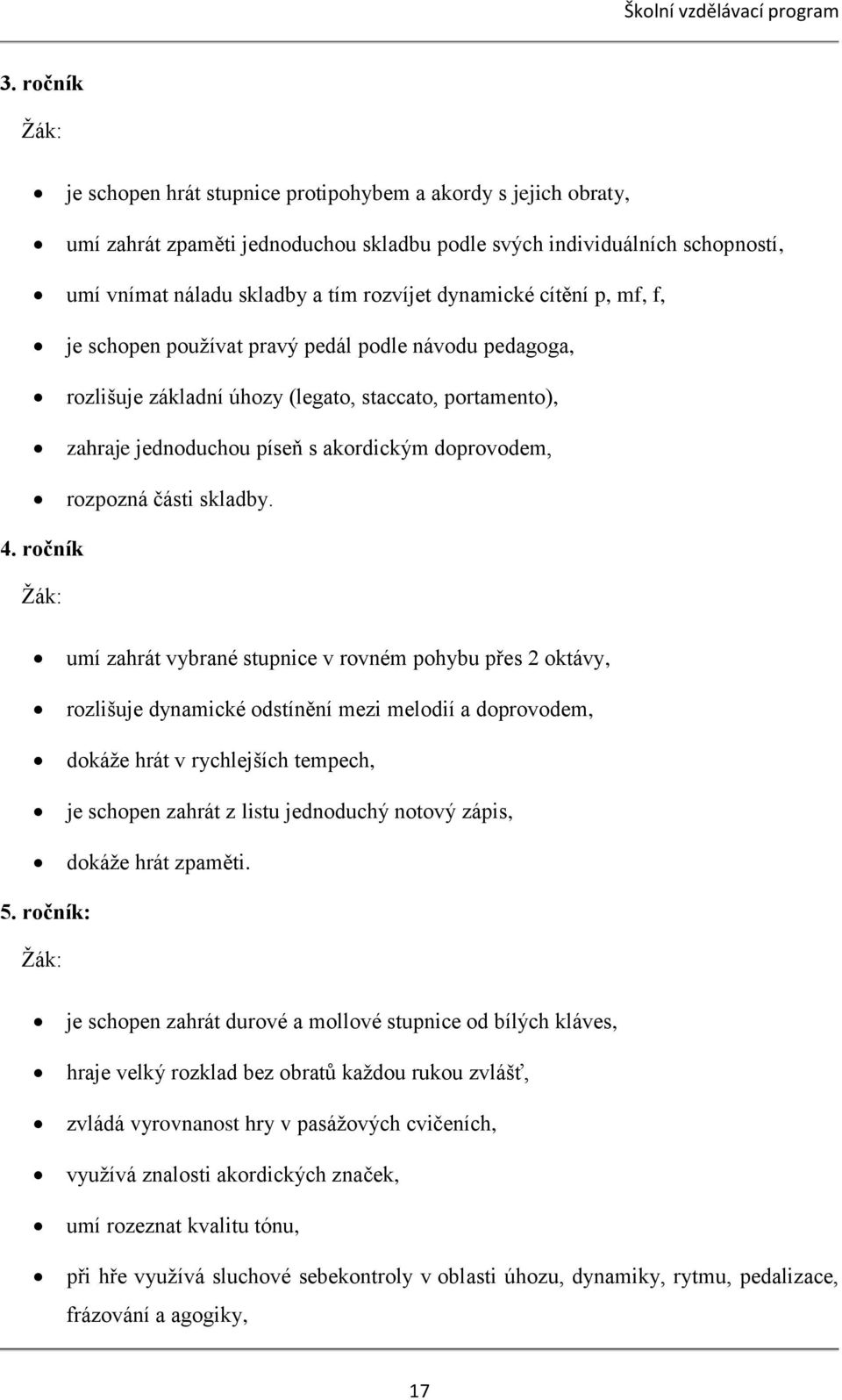 cítění p, mf, f, je schopen používat pravý pedál podle návodu pedagoga, rozlišuje základní úhozy (legato, staccato, portamento), zahraje jednoduchou píseň s akordickým doprovodem, rozpozná části