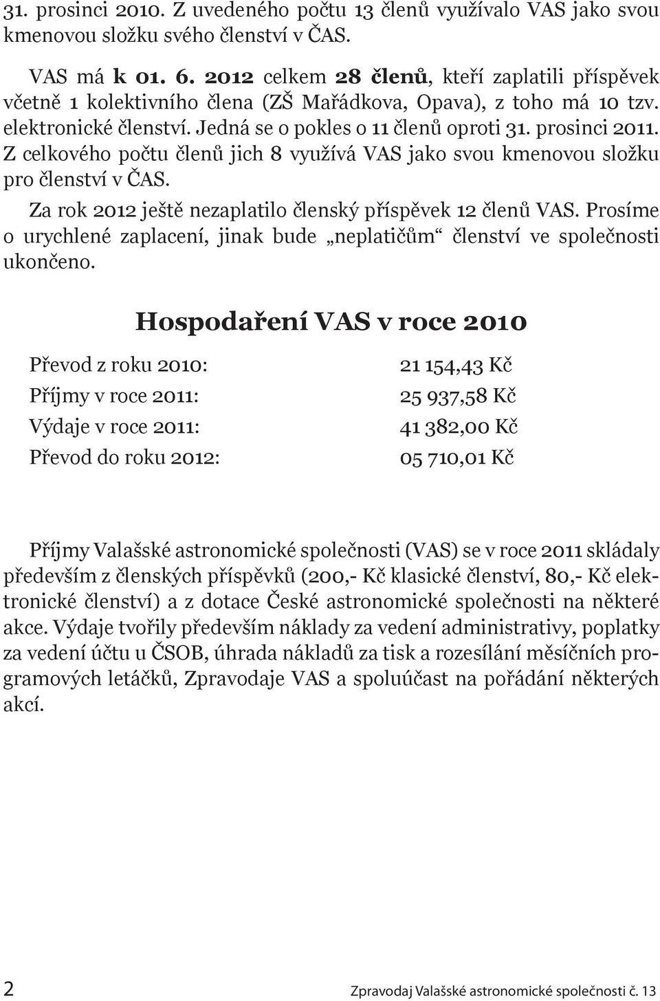 Z celkového počtu členů jich 8 využívá VAS jako svou kmenovou složku pro členství v ČAS. Za rok 2012 ještě nezaplatilo členský příspěvek 12 členů VAS.