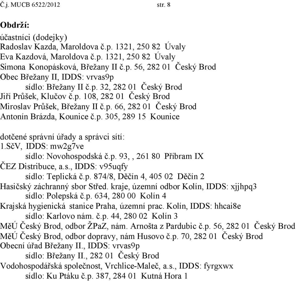 SčV, IDDS: mw2g7ve sídlo: Novohospodská č.p. 93,, 261 80 Příbram IX ČEZ Distribuce, a.s., IDDS: v95uqfy sídlo: Teplická č.p. 874/8, Děčín 4, 405 02 Děčín 2 Hasičský záchranný sbor Střed.