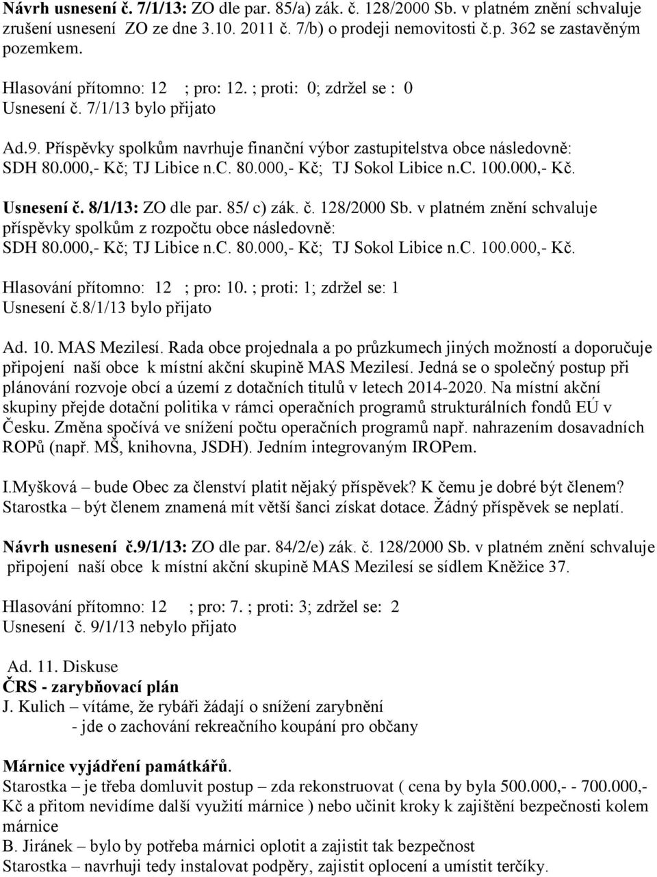 000,- Kč; TJ Libice n.c. 80.000,- Kč; TJ Sokol Libice n.c. 100.000,- Kč. Usnesení č. 8/1/13: ZO dle par. 85/ c) zák. č. 128/2000 Sb.