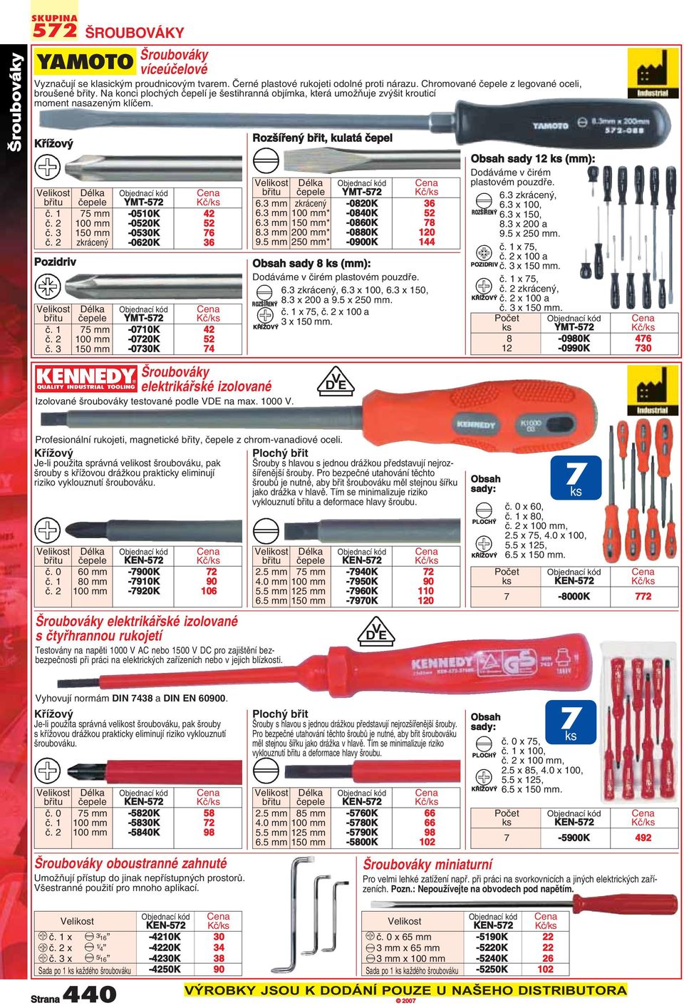 2 zkrácen -0620K 36 Pozidriv bfiitu ãepele YMT-572 ã. 1 75 mm -0710K 42 ã. 2 100 mm -0720K 52 ã. 3 150 mm -0730K 74 roubováky elektrikáfiské izolované Izolované roubováky testované podle VDE na max.