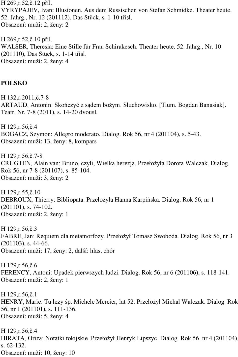 7-8 ARTAUD, Antonin: Skończyć z sądem bożym. Słuchowisko. [Tlum. Bogdan Banasiak]. Teatr. Nr. 7-8 (2011), s. 14-20 H 129,r.56,č.4 BOGACZ, Szymon: Allegro moderato. Dialog. Rok 56, nr 4 (201104), s.