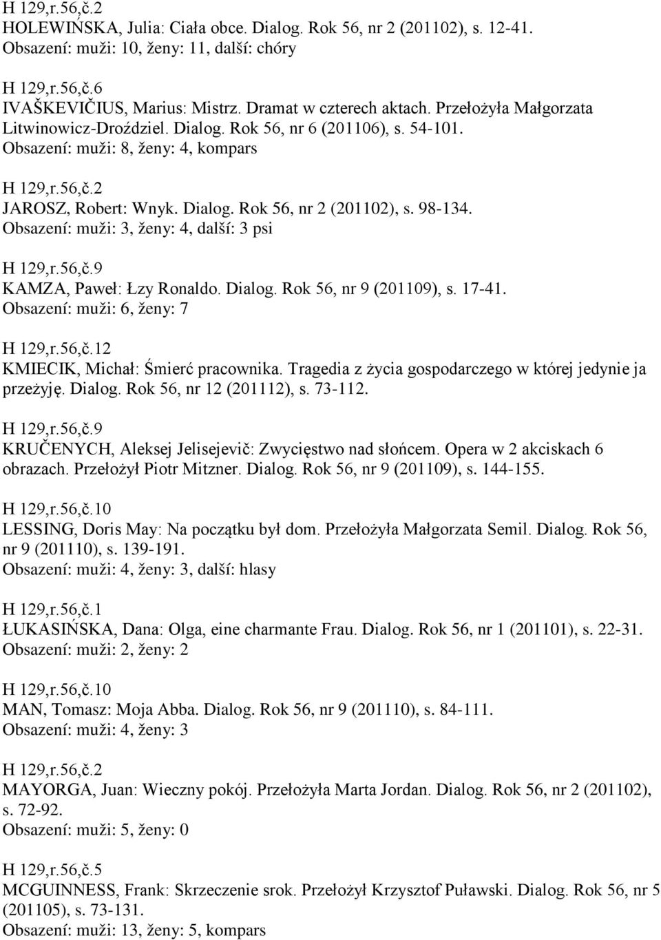 98-134. Obsazení: muži: 3, ženy: 4, další: 3 psi H 129,r.56,č.9 KAMZA, Paweł: Łzy Ronaldo. Dialog. Rok 56, nr 9 (201109), s. 17-41. Obsazení: muži: 6, ženy: 7 H 129,r.56,č.12 KMIECIK, Michał: Śmierć pracownika.