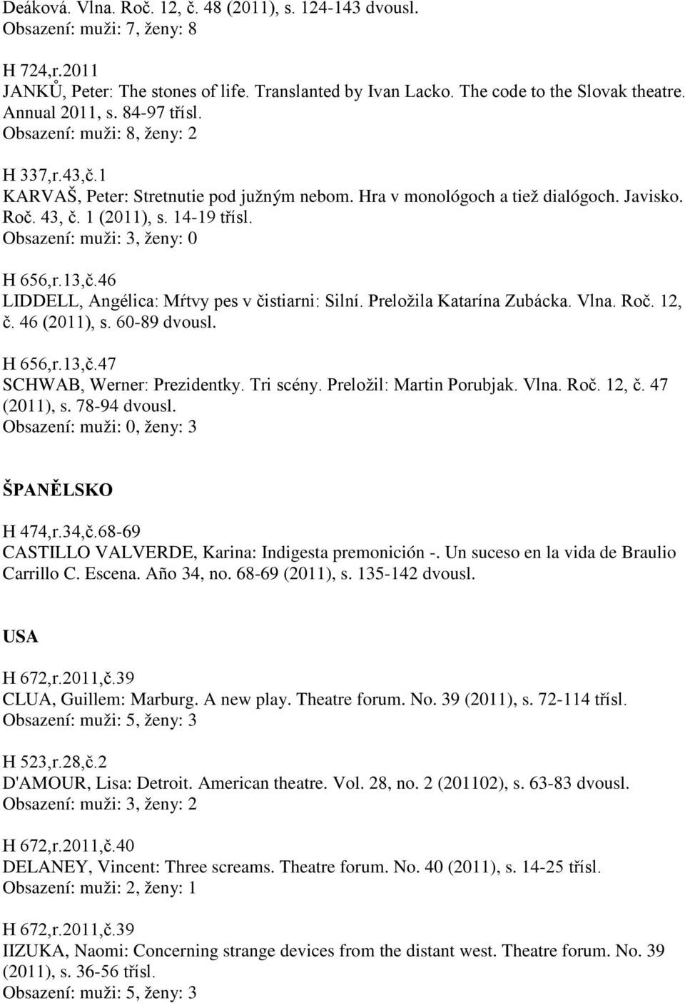 Obsazení: muži: 3, ženy: 0 H 656,r.13,č.46 LIDDELL, Angélica: Mŕtvy pes v čistiarni: Silní. Preložila Katarína Zubácka. Vlna. Roč. 12, č. 46 (2011), s. 60-89 H 656,r.13,č.47 SCHWAB, Werner: Prezidentky.