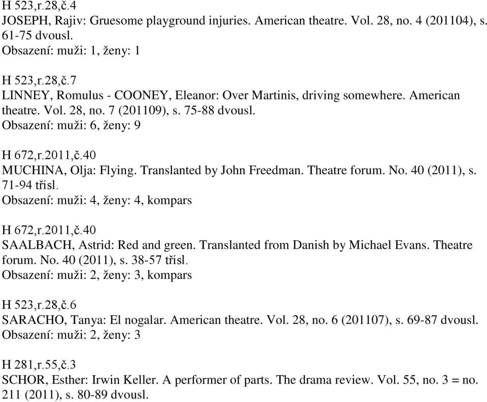 Obsazení: muži: 4, ženy: 4, kompars H 672,r.2011,č.40 SAALBACH, Astrid: Red and green. Translanted from Danish by Michael Evans. Theatre forum. No. 40 (2011), s. 38-57 třísl.