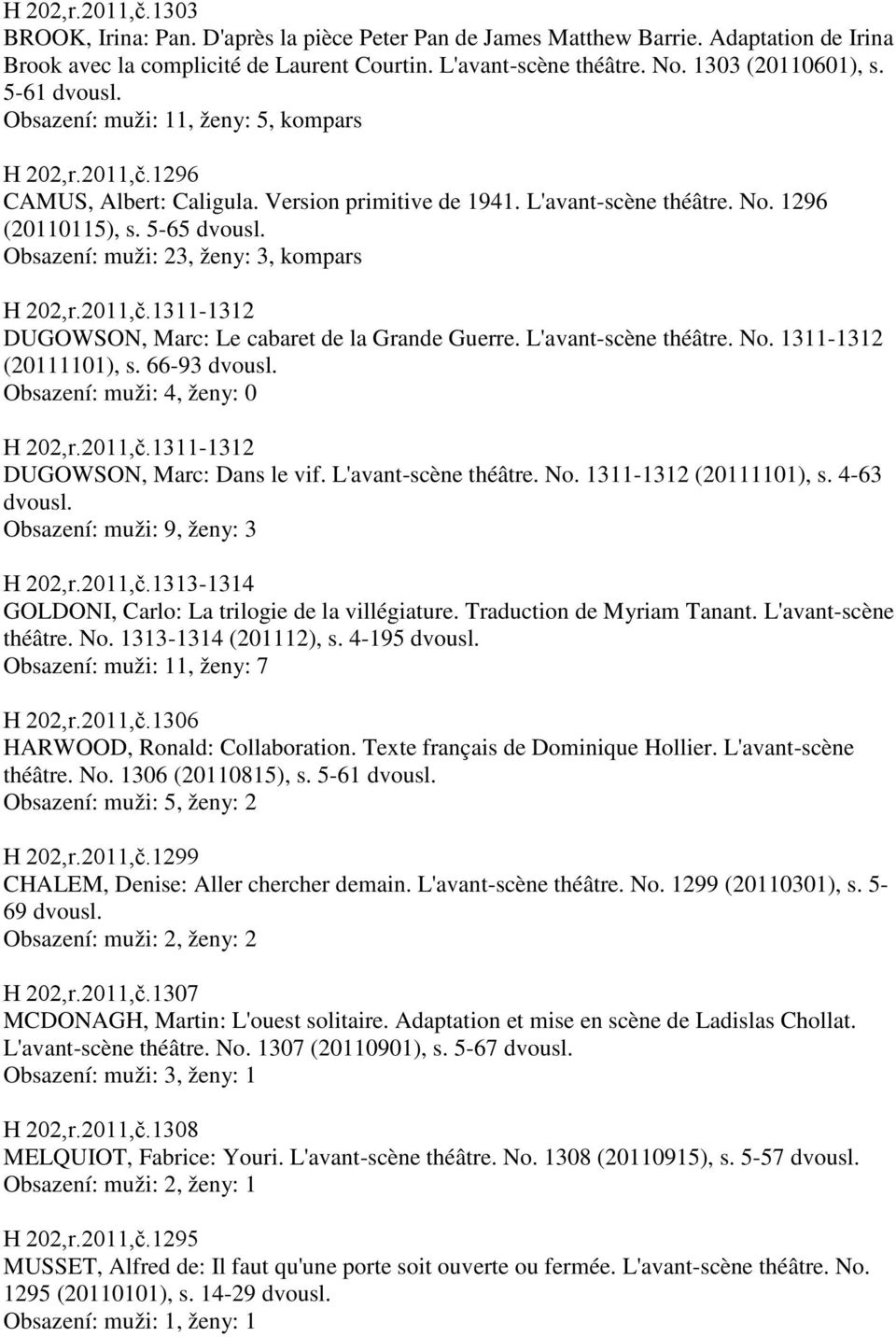 5-65 Obsazení: muži: 23, ženy: 3, kompars H 202,r.2011,č.1311-1312 DUGOWSON, Marc: Le cabaret de la Grande Guerre. L'avant-scène théâtre. No. 1311-1312 (20111101), s.