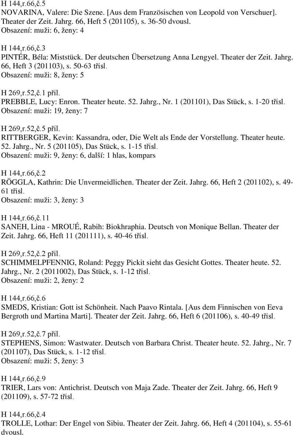 1 (201101), Das Stück, s. 1-20 třísl. Obsazení: muži: 19, ženy: 7 H 269,r.52,č.5 příl. RITTBERGER, Kevin: Kassandra, oder, Die Welt als Ende der Vorstellung. Theater heute. 52. Jahrg., Nr.