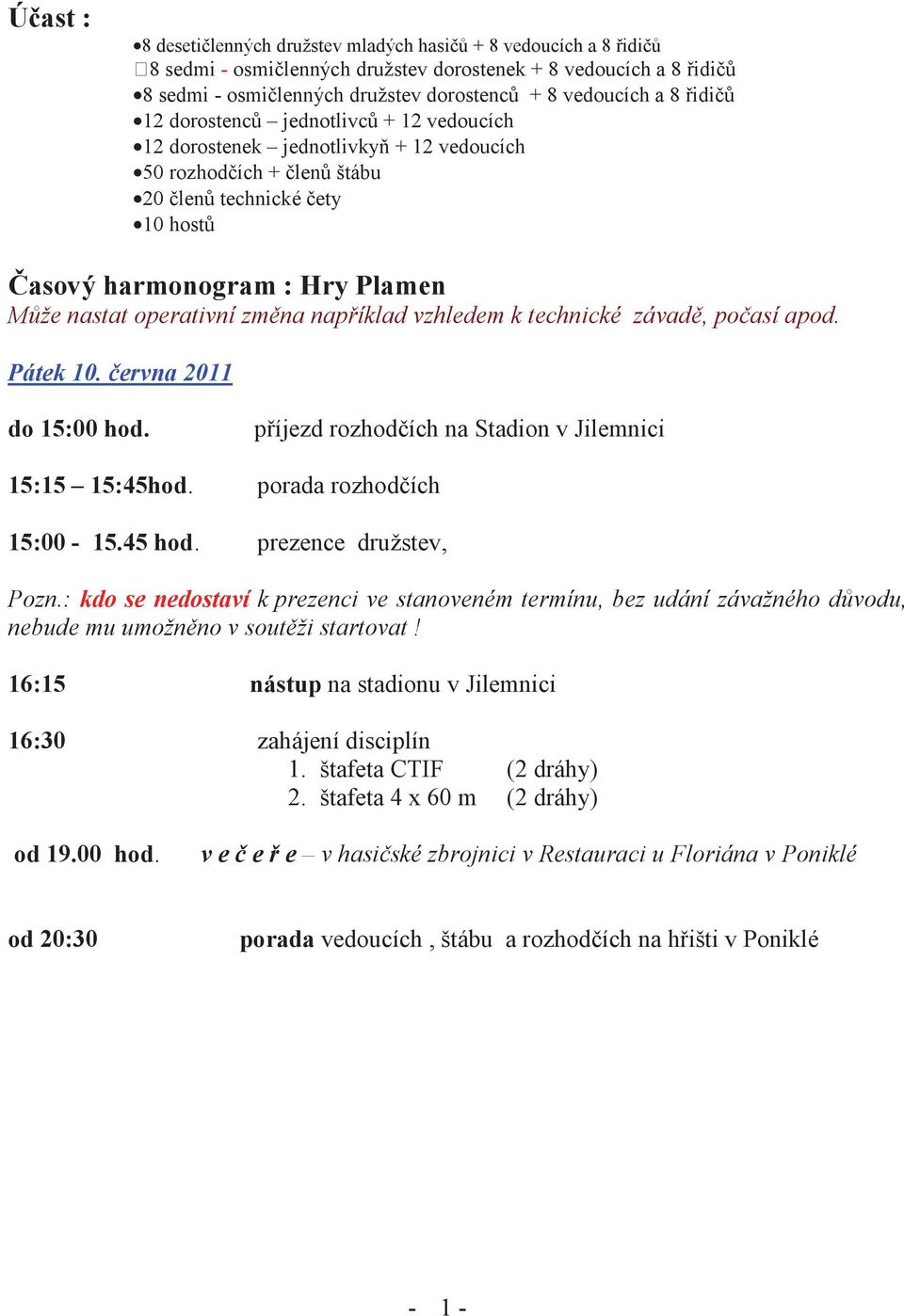 íklad vzhledem k technické závad, po así apod. Pátek 10. ervna 2011 do 15:00 hod. p íjezd rozhod ích na Stadion v Jilemnici 15:15 15:45hod. porada rozhod ích 15:00-15.45 hod. prezence družstev, Pozn.