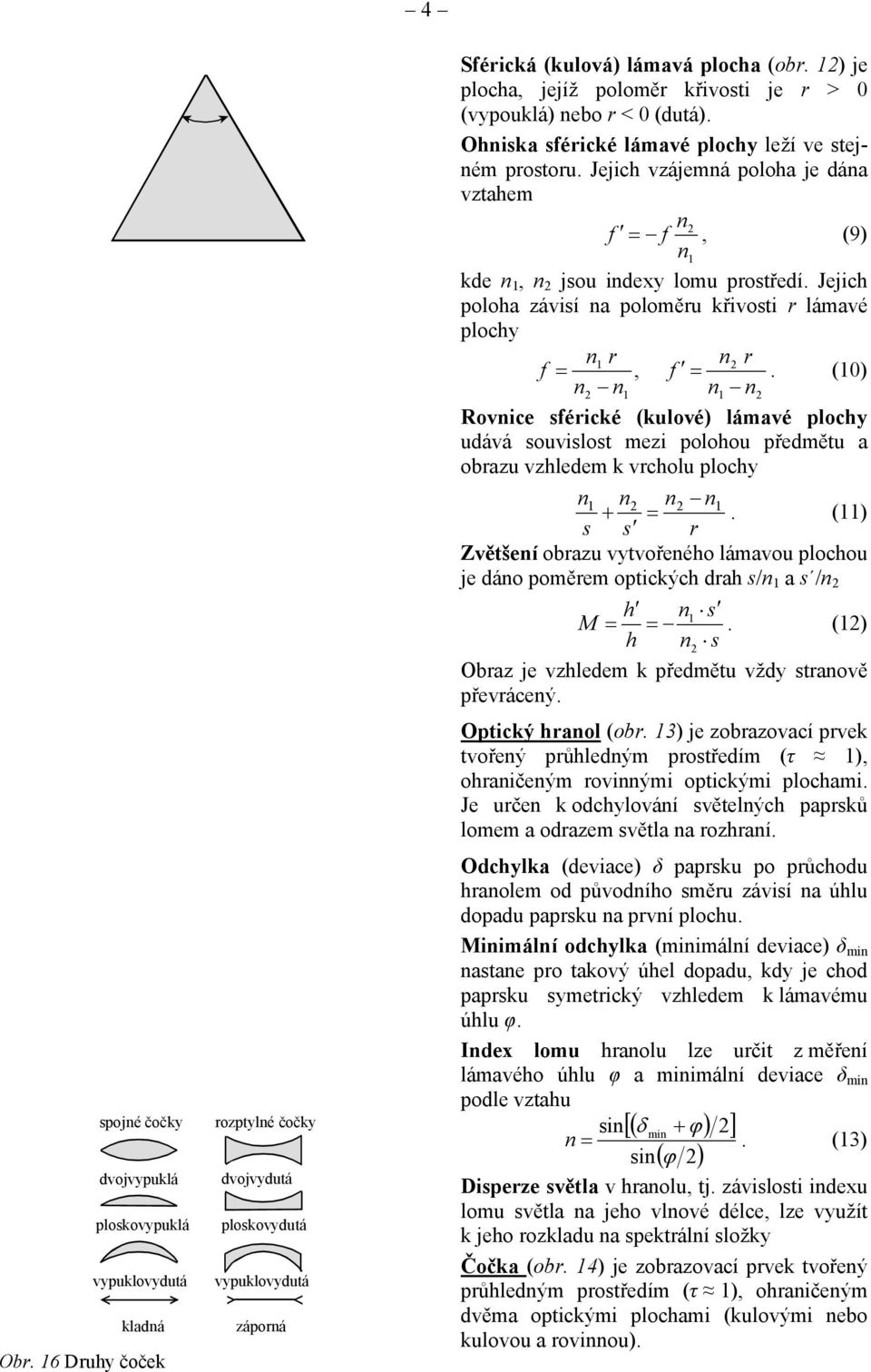 5 Zobazeí pomocí teké čočky éická (kulová) lámavá ploca (ob. ) je ploca, jejíž polomě křivoti je > 0 (vypouklá) ebo < 0 (dutá). ika éické lámavé plocy leží ve tejém potou.