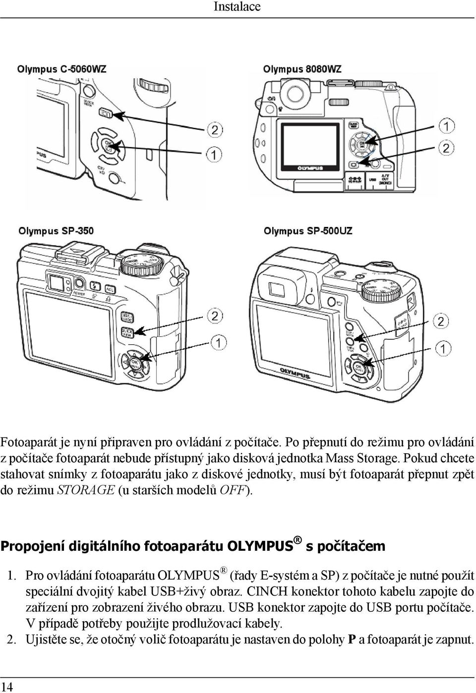 Propojení digitálního fotoaparátu OLYMPUS s počítačem 1. Pro ovládání fotoaparátu OLYMPUS (řady E-systém a SP) z počítače je nutné použít speciální dvojitý kabel USB+živý obraz.