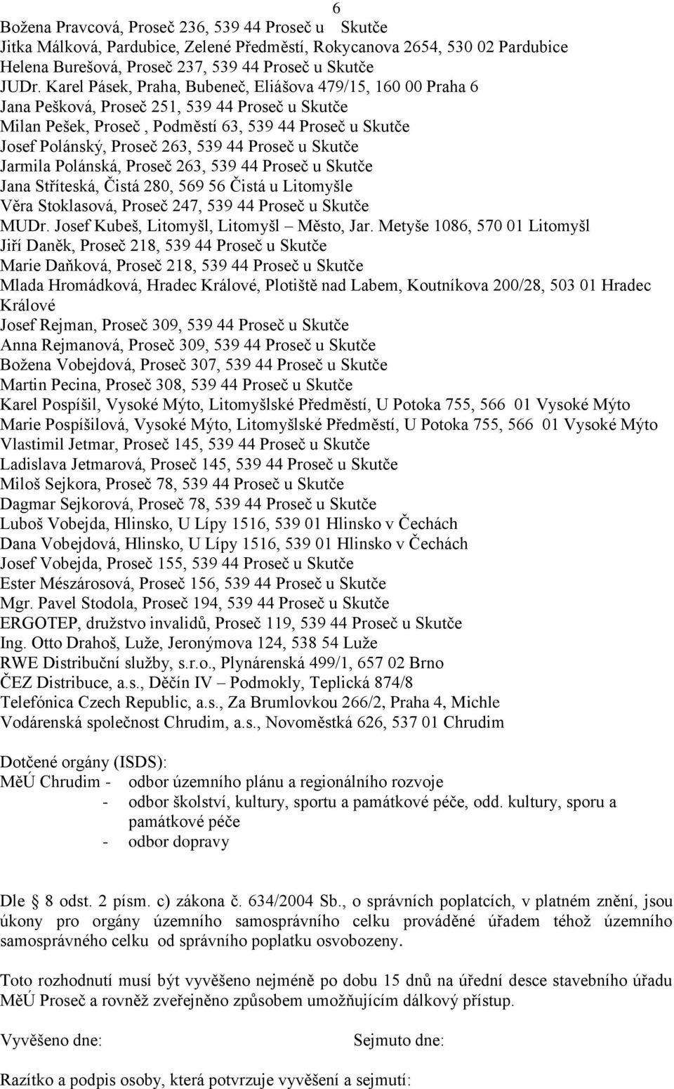 44 Proseč u Skutče Jarmila Polánská, Proseč 263, 539 44 Proseč u Skutče Jana Stříteská, Čistá 280, 569 56 Čistá u Litomyšle Věra Stoklasová, Proseč 247, 539 44 Proseč u Skutče MUDr.