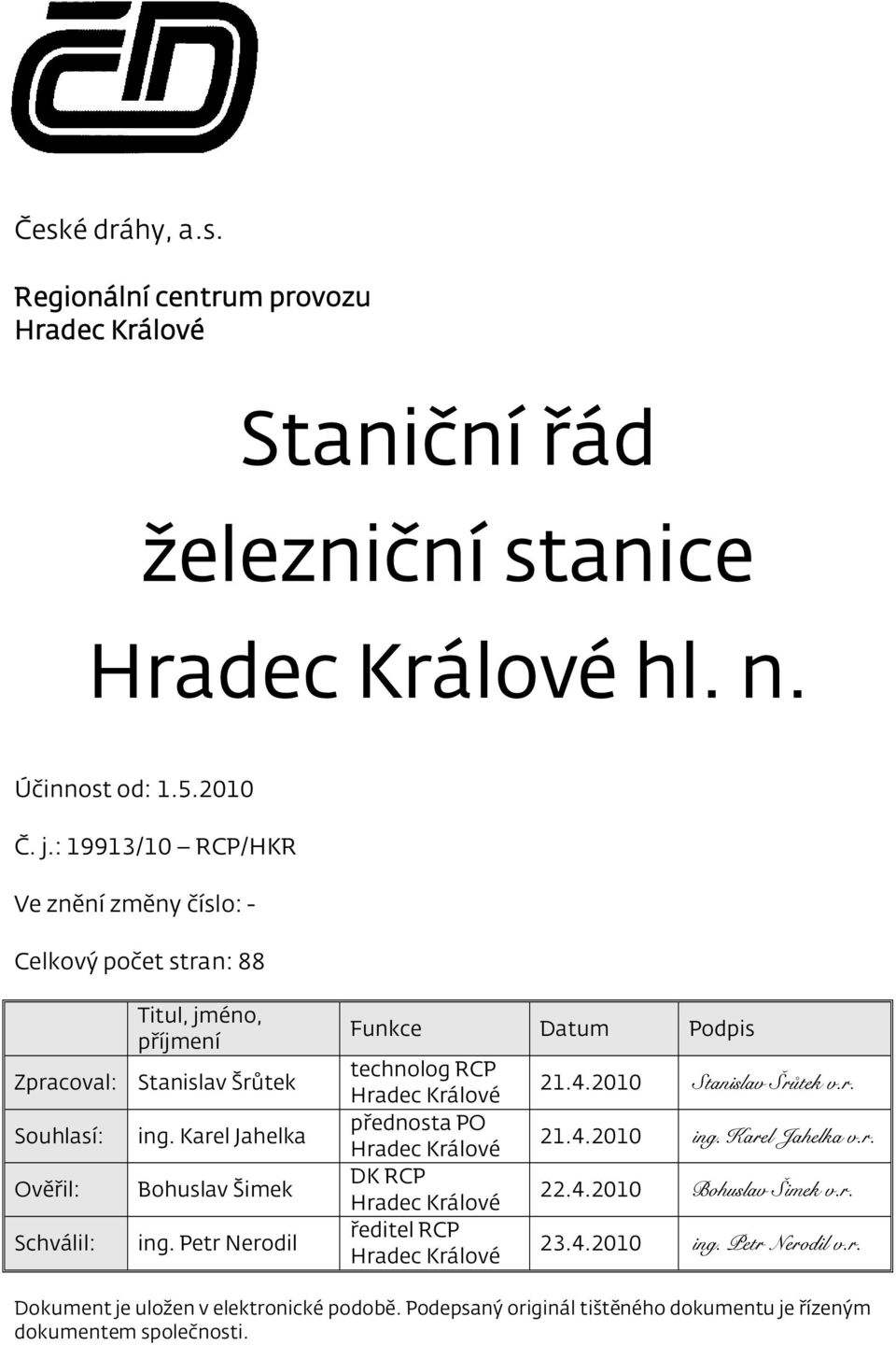 Karel Jahelka Bohuslav Šimek ing. Petr Nerodil Funkce Datum Podpis technolog RCP Hradec Králové přednosta PO Hradec Králové DK RCP Hradec Králové ředitel RCP Hradec Králové 21.4.