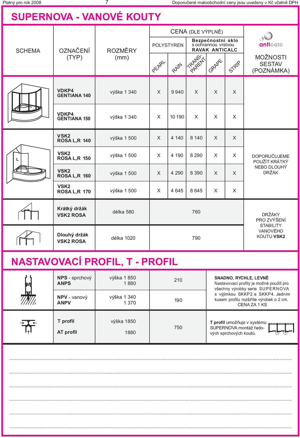 DRŽÁK VSK2 ROSA,R 170 výška 1 500 4 645 8 645 Krátký držák VSK2 ROSA Dlouhý držák VSK2 ROSA délka 580 délka 1020 760 790 DRŽÁKY PRO ZVÝŠENÍ STABIITY VANOVÉHO KOUTU VSK2 NASTAVOVACÍ PROFI, T - PROFI