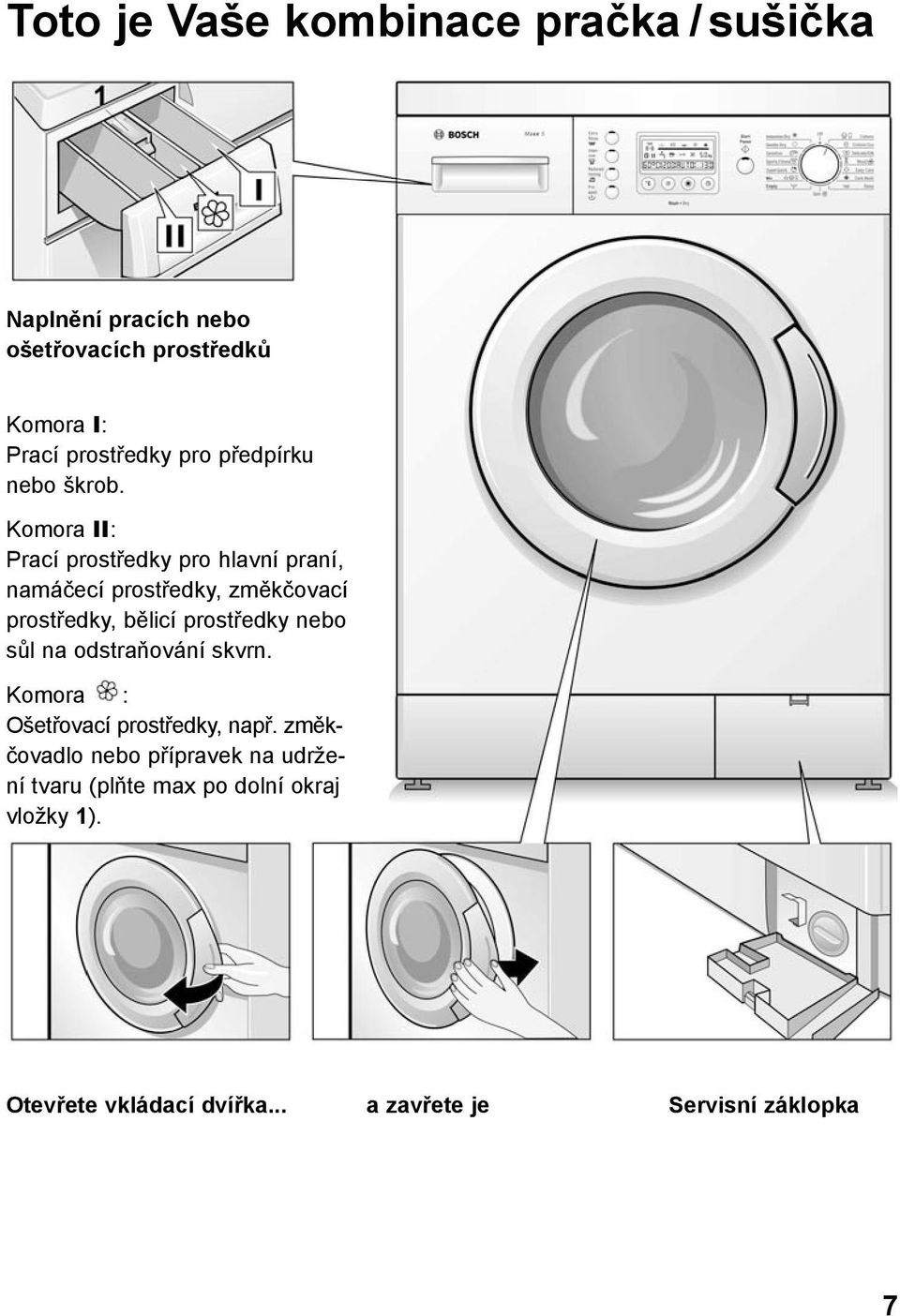 Komora II: Prací prostředky pro hlavní praní, namáčecí prostředky, změkčovací prostředky, bělicí prostředky nebo