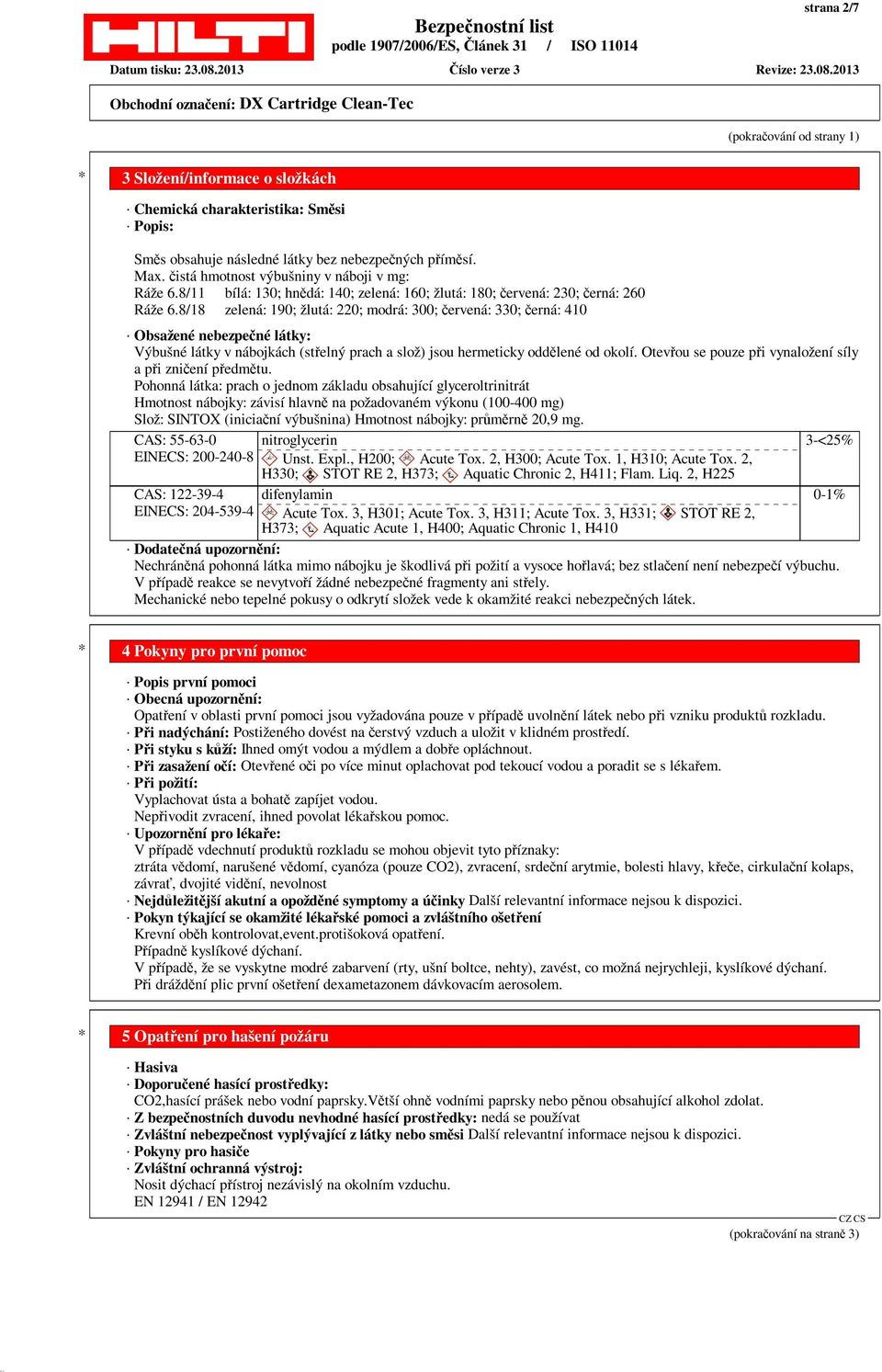 8/18 zelená: 190; žlutá: 220; modrá: 300; červená: 330; černá: 410 Obsažené nebezpečné látky: Výbušné látky v nábojkách (střelný prach a slož) jsou hermeticky oddělené od okolí.