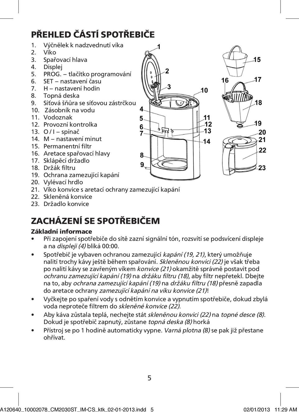 Sklápěcí držadlo 18. Držák filtru 19. Ochrana zamezující kapání 20. Vylévací hrdlo 21. Víko konvice s aretací ochrany zamezující kapání 22. Skleněná konvice 23.