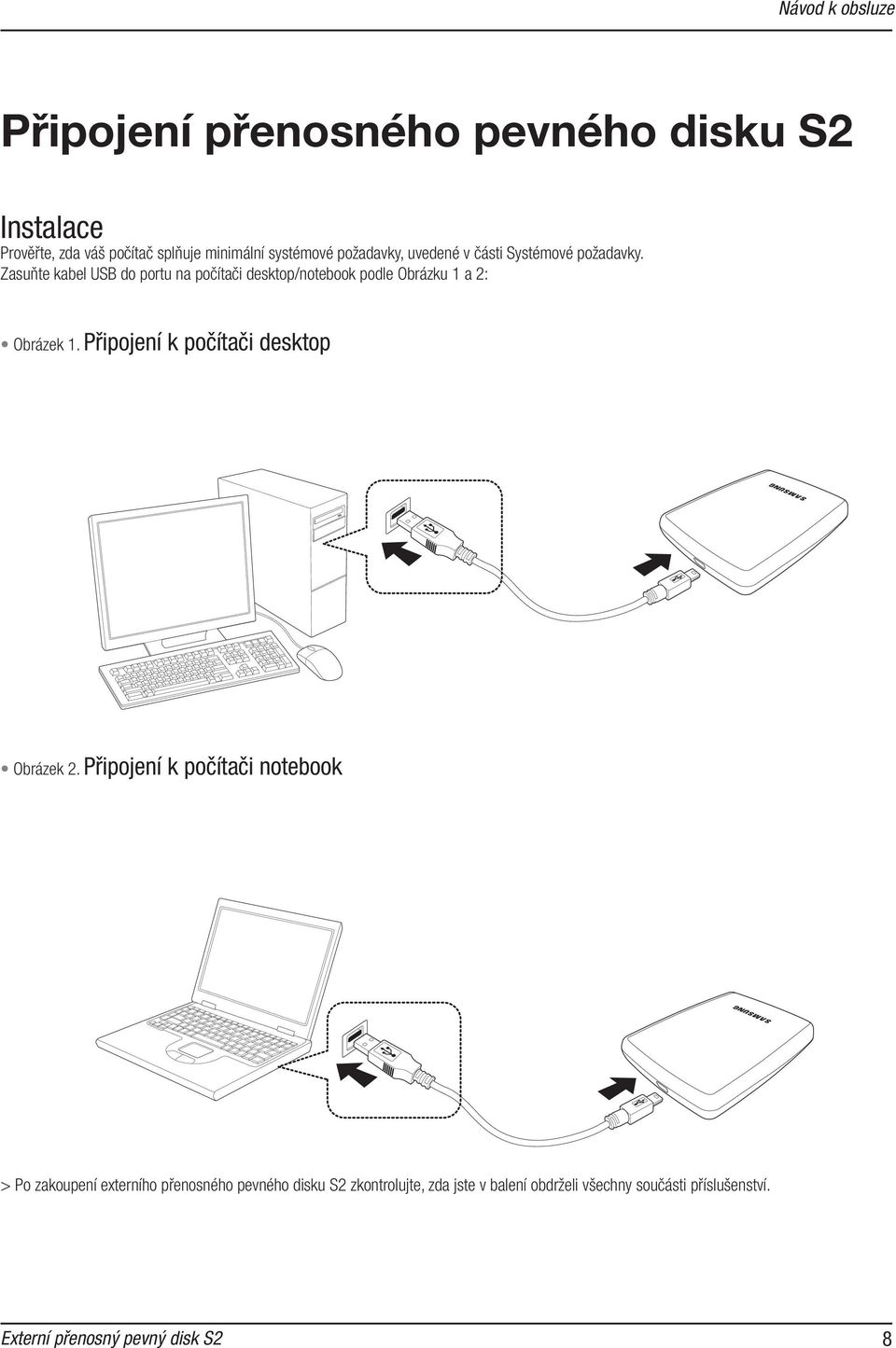 Zasuňte kabel USB do portu na počítači desktop/notebook podle Obrázku 1 a 2: Obrázek 1.