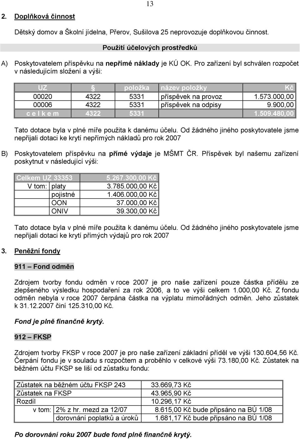 900,00 c e l k e m 4322 5331 1.509.480,00 Tato dotace byla v plné míře pouţita k danému účelu.