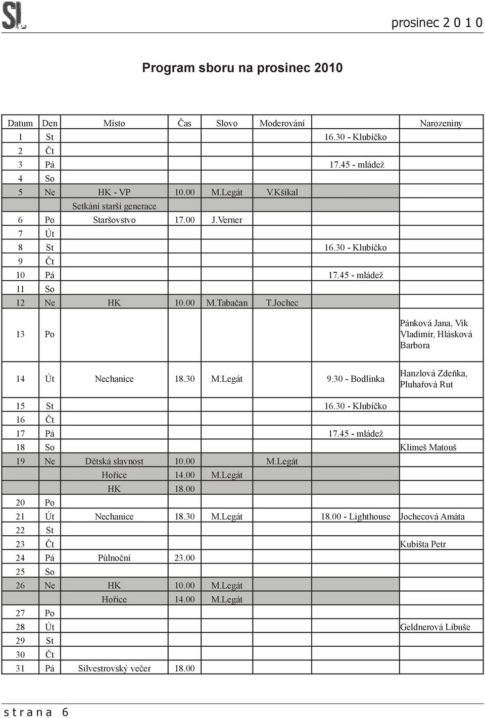 Jochec 13 Po Pánková Jana, Vik Vladimír, Hlásková Barbora 14 Út Nechanice 18.30 M.Legát 9.30 - Bodlinka Hanzlová Zdeňka, Pluhařová Rut 15 St 16.30 - Klubíčko 16 Čt 17 Pá 17.