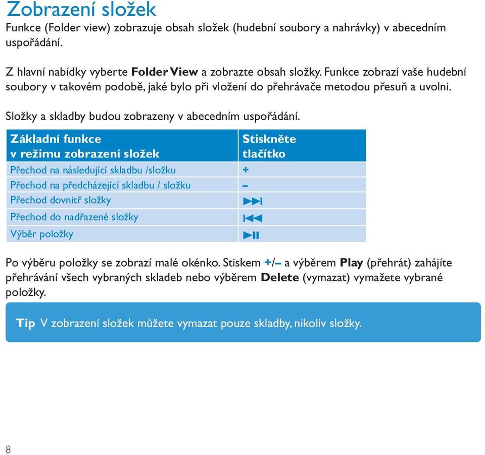 Základní funkce v režimu zobrazení složek Přechod na následující skladbu /složku + Přechod na předcházející skladbu / složku Přechod dovnitř složky > Přechod do nadřazené složky.