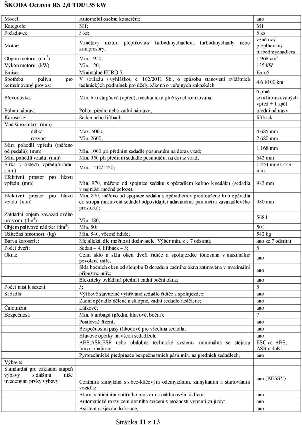 120; 135 kw Emise: Minimálně EURO 5; Euro5 Spotřeba paliva pro kombinovaný provoz: Převodovka: V souladu s vyhláškou č. 162/2011 Sb.