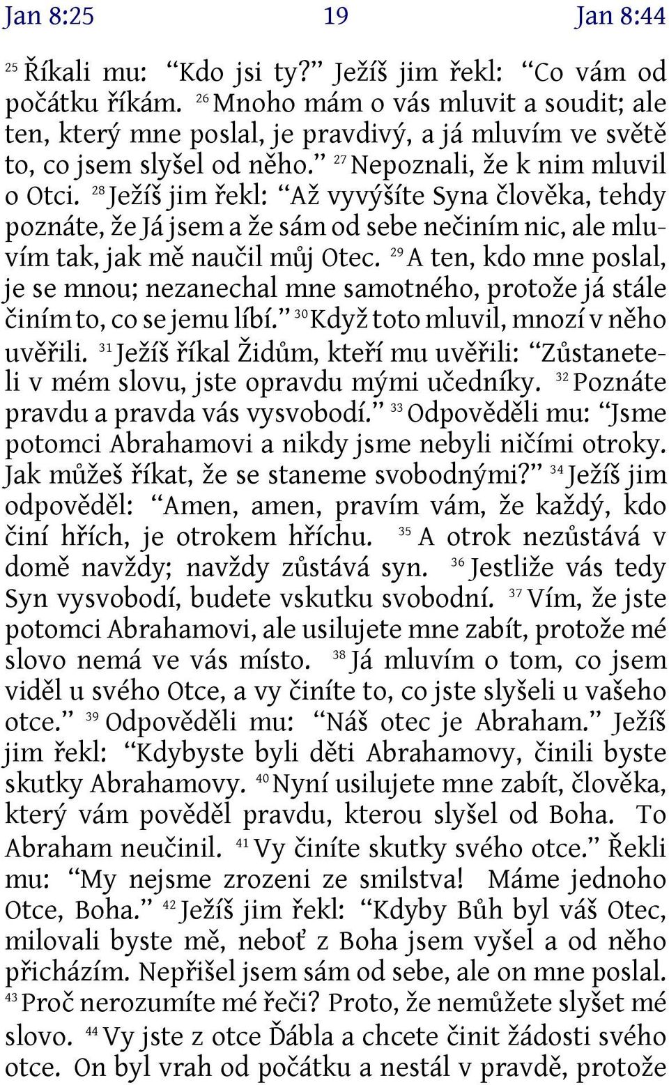 28 Ježíš jim řekl: Až vyvýšíte Syna člověka, tehdy poznáte, že Já jsem a že sám od sebe nečiním nic, ale mluvím tak, jak mě naučil můj Otec.