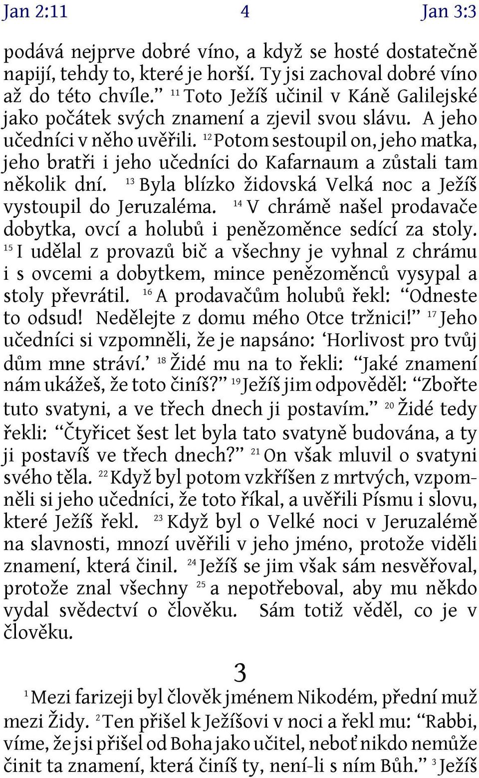 12 Potom sestoupil on, jeho matka, jeho bratři i jeho učedníci do Kafarnaum a zůstali tam 13 několik dní. Byla blízko židovská Velká noc a Ježíš 14 vystoupil do Jeruzaléma.