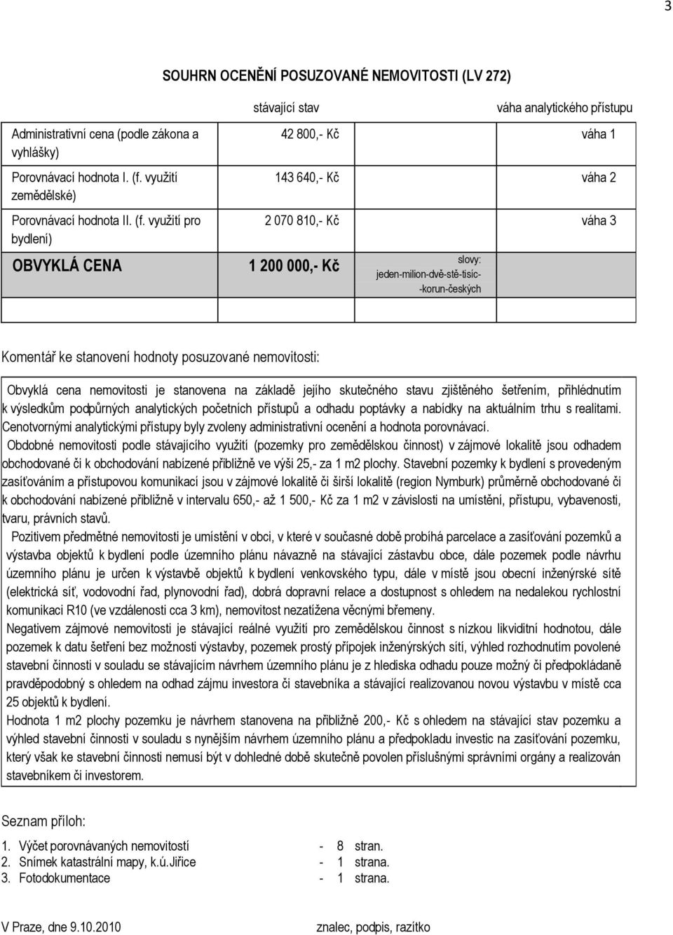 využití pro bydlení) OBVYKLÁ CENA stávající stav váha analytického přístupu 42 800,- Kč váha 1 143 640,- Kč váha 2 2 070 810,- Kč váha 3 1 200 000,- Kč slovy: jeden-milion-dvě-stě-tisíc-