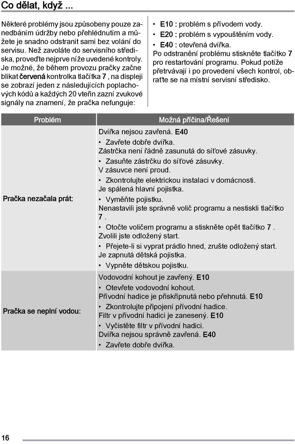 Je možné, že během provozu pračky začne blikat červená kontrolka tlačítka 7, na displeji se zobrazí jeden z následujících poplachových kódů a každých 20 vteřin zazní zvukové signály na znamení, že