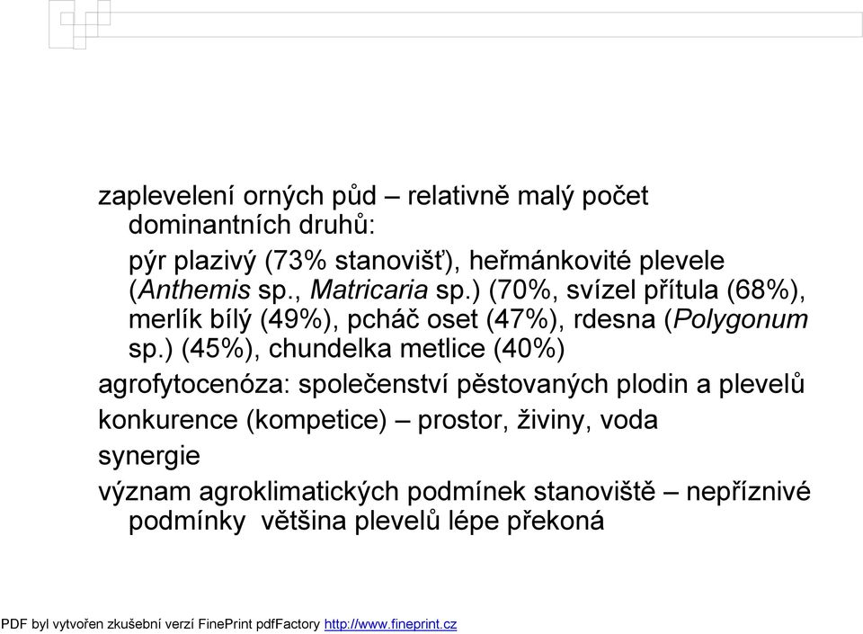 ) (45%), chundelka metlice (40%) agrofytocenóza: společenství pěstovaných plodin a plevelů konkurence (kompetice)