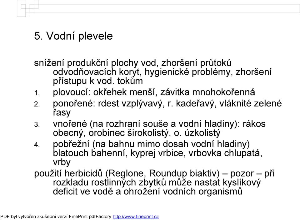 vnořené (na rozhraní souše a vodní hladiny): rákos obecný, orobinec širokolistý, o. úzkolistý 4.