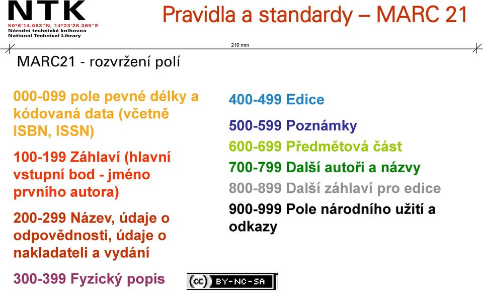 odpovědnosti, údaje o nakladateli a vydání 400-499 Edice 500-599 Poznámky 600-699 Předmětová část