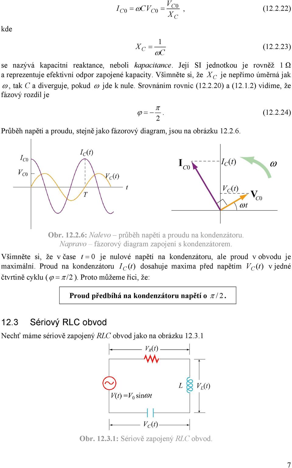 a proudu na kondenzátoru Napravo fázorový diagram zapojení s kondenzátorem šimněte si, že v čase t = je nulové napětí na kondenzátoru, ale proud v obvodu je maximální Proud na kondenzátoru I ( t )