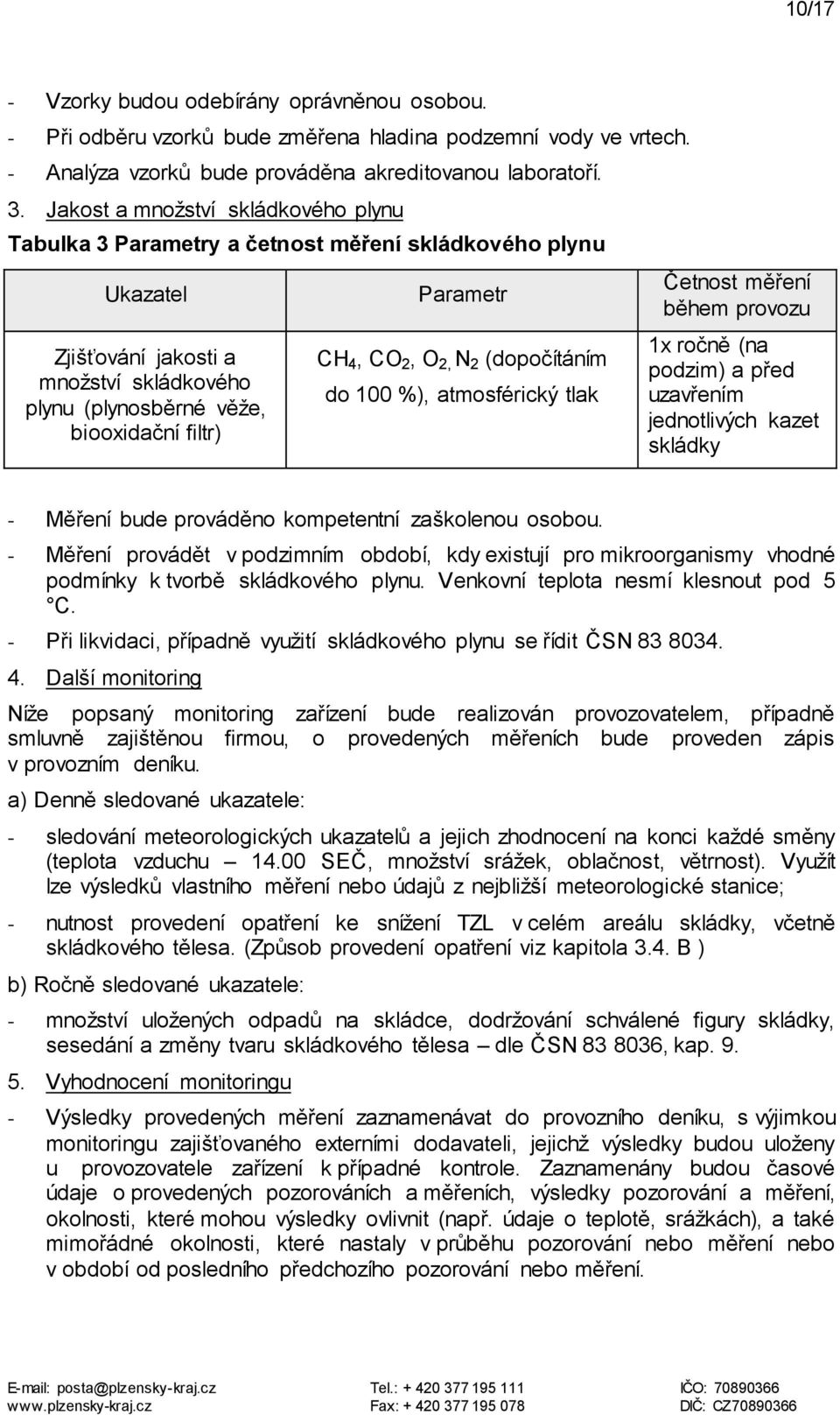 4, CO 2, O 2, N 2 (dopočítáním do 100 %), atmosférický tlak Četnost měření během provozu 1x ročně (na podzim) a před uzavřením jednotlivých kazet skládky - Měření bude prováděno kompetentní