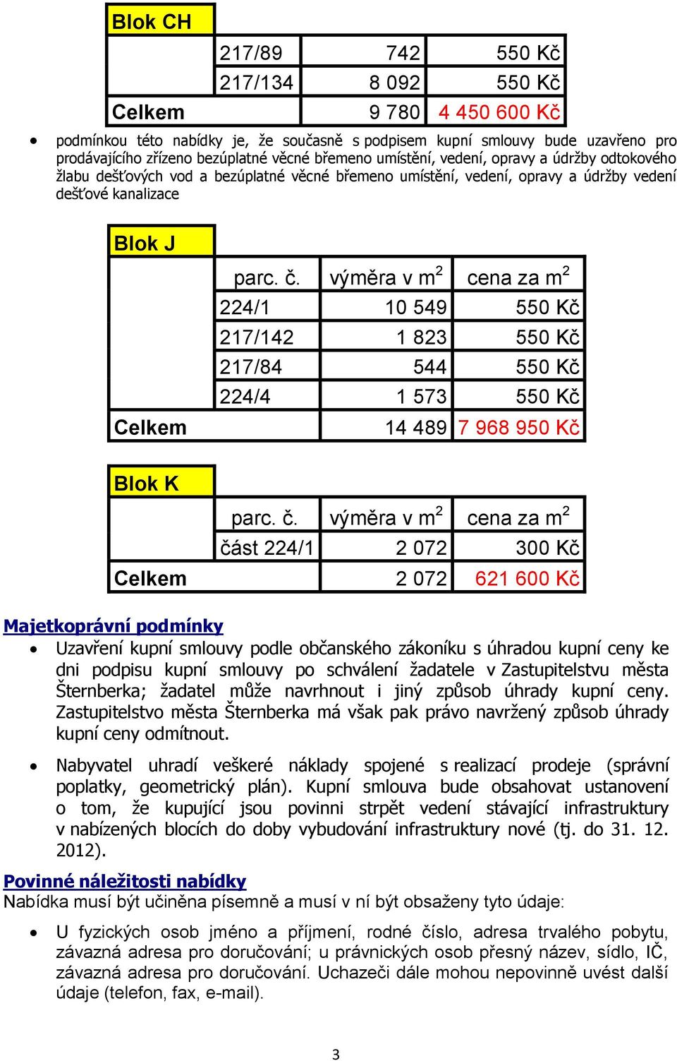 217/84 544 550 Kč 224/4 1 573 550 Kč 14 489 7 968 950 Kč Blok K část 224/1 2 072 300 Kč 2 072 621 600 Kč Majetkoprávní podmínky Uzavření kupní smlouvy podle občanského zákoníku s úhradou kupní ceny