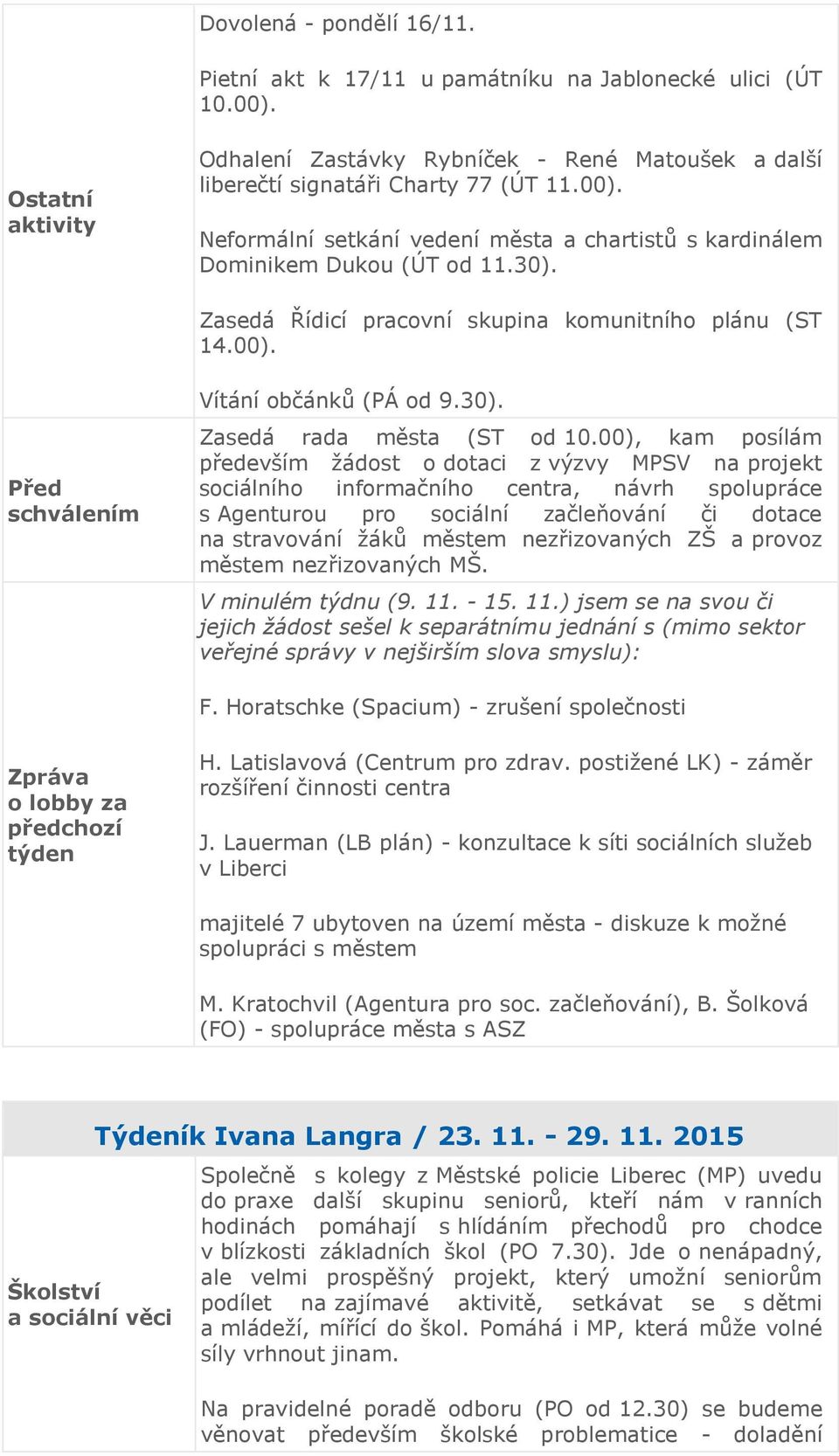 00), kam posílám především žádost o dotaci z výzvy MPSV na projekt sociálního informačního centra, návrh spolupráce s Agenturou pro sociální začleňování či dotace na stravování žáků městem