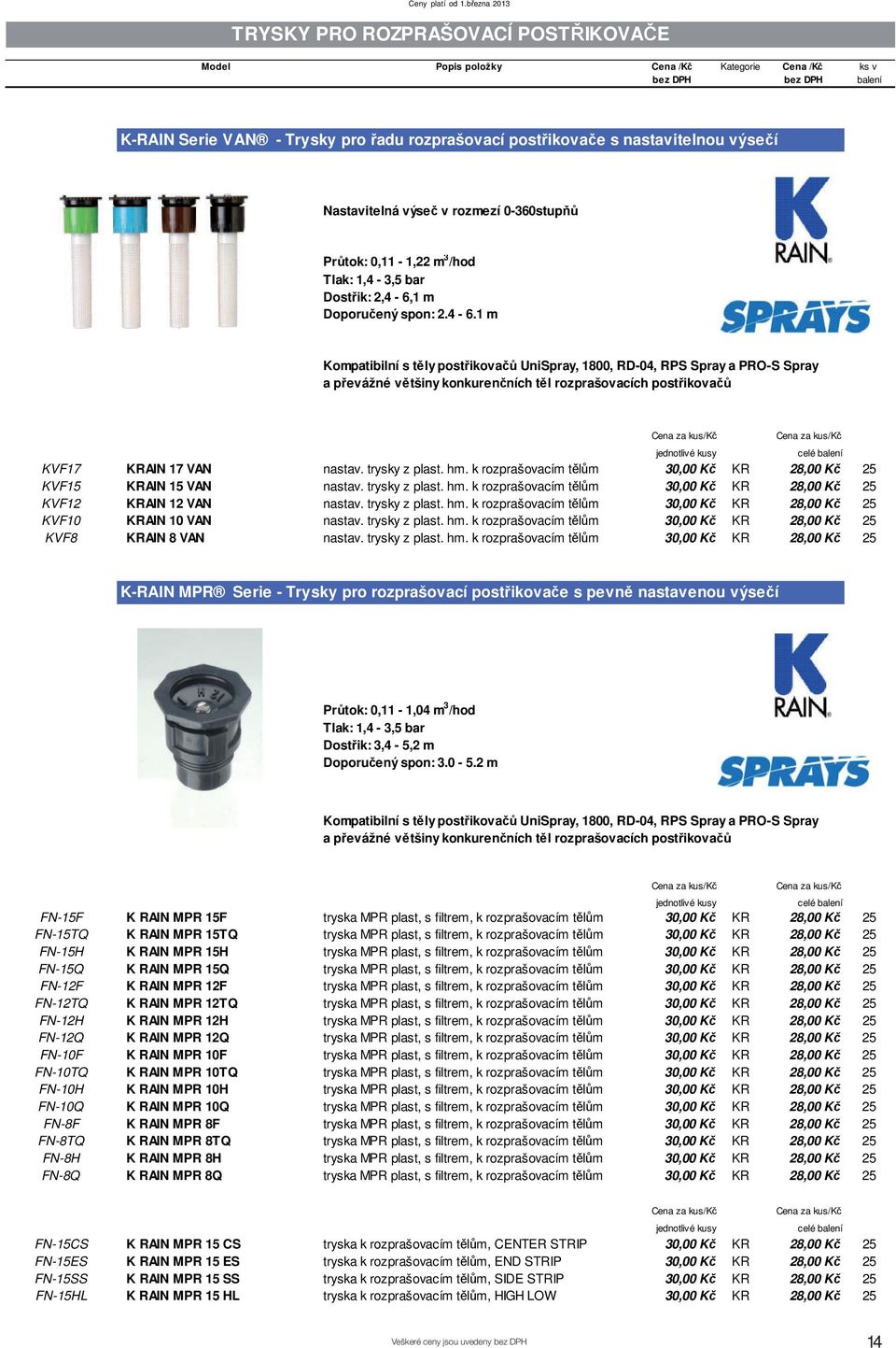 trysky z plast. hm. k rozprašovacím t l m 30,00 K KR 28,00 K 25 KVF15 KRAIN 15 VAN nastav. trysky z plast. hm. k rozprašovacím t l m 30,00 K KR 28,00 K 25 KVF12 KRAIN 12 VAN nastav. trysky z plast. hm. k rozprašovacím t l m 30,00 K KR 28,00 K 25 KVF10 KRAIN 10 VAN nastav.