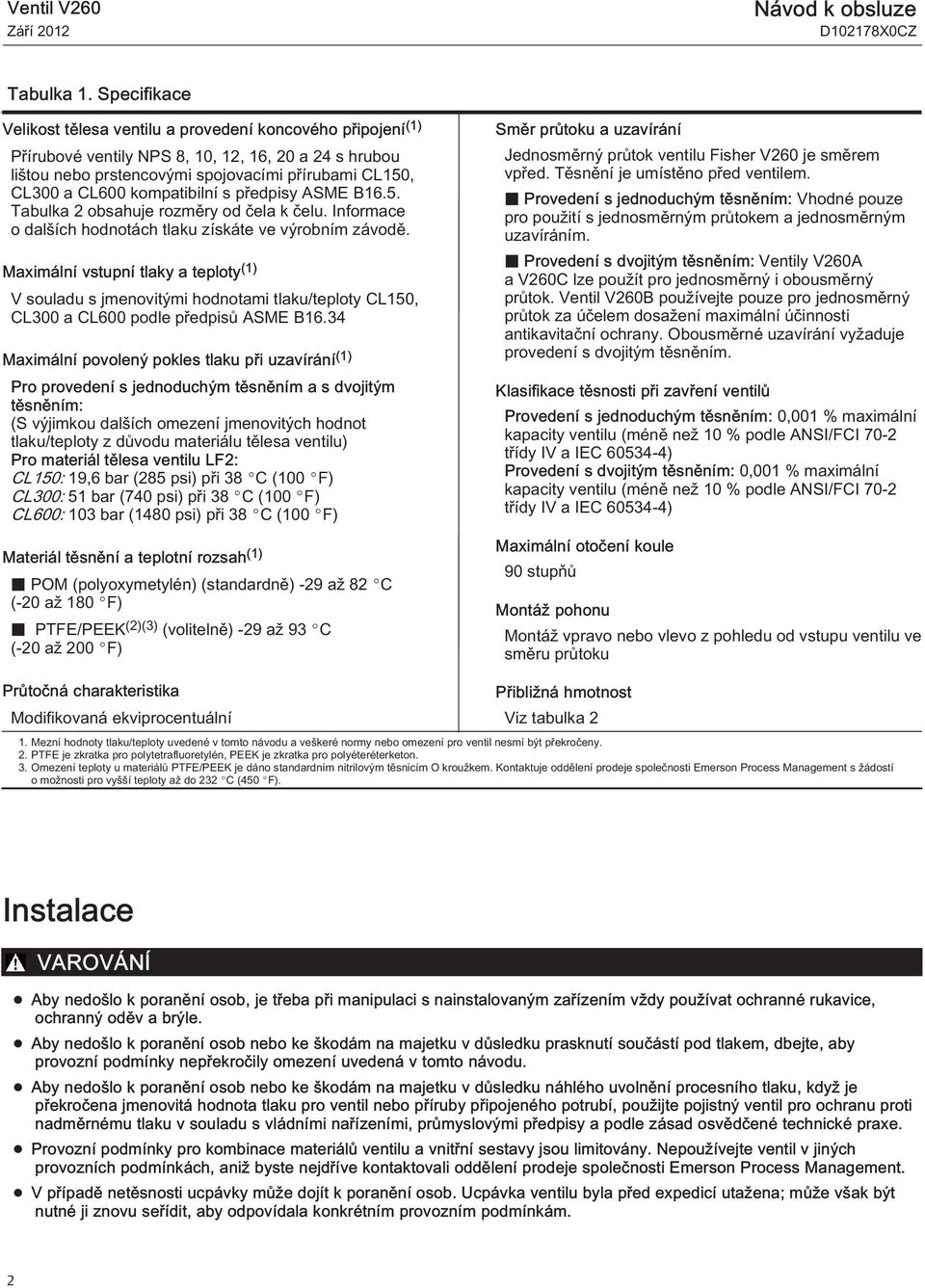 kompatibilní s předpisy ASME B16.5. Tabulka 2 obsahuje rozměry od čela k čelu. Informace o dalších hodnotách tlaku získáte ve výrobním závodě.